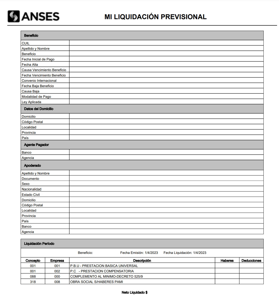 Recibo de jubilación o pensión